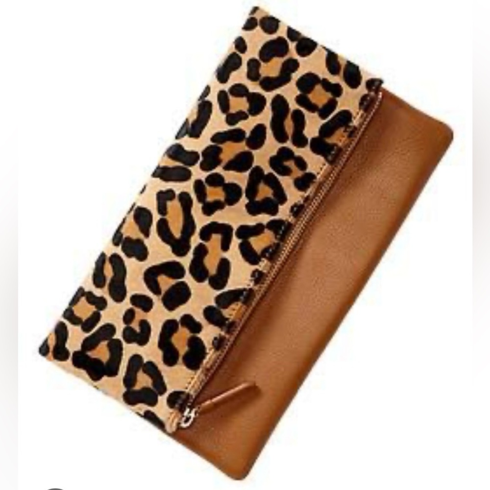 Gap NWOT foldover leopard print leather clutch. Camel/Tan Colour.